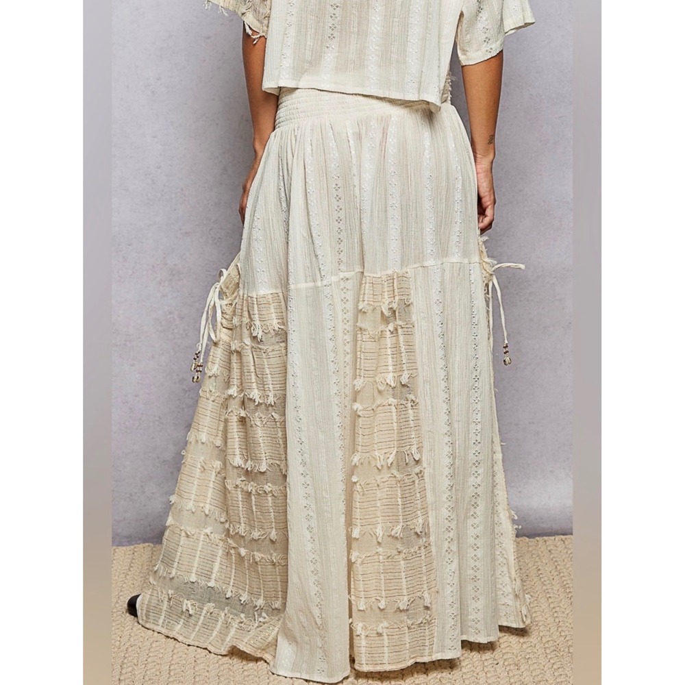 POL Bohemian Wide Leg Cotton Pants Pearl Shell Trim Cream Textured Relaxed NEW L - Picture 3 of 7